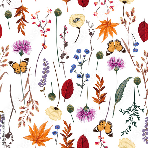 Summer Vector many kind of wild flowers seamless beautiful on white color background, pattern for fashion and all prints