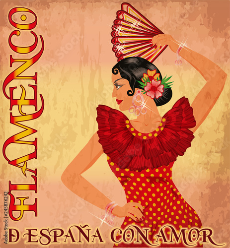 Flamenco Spain love wallpaper with spanish girl and fan, vector illustration