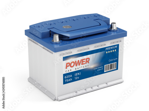 Obraz na plátně 12v Car battery with abstract label isolated on white background