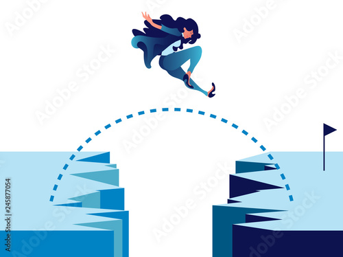 Businesswoman jumping through mountain cliff to the goal