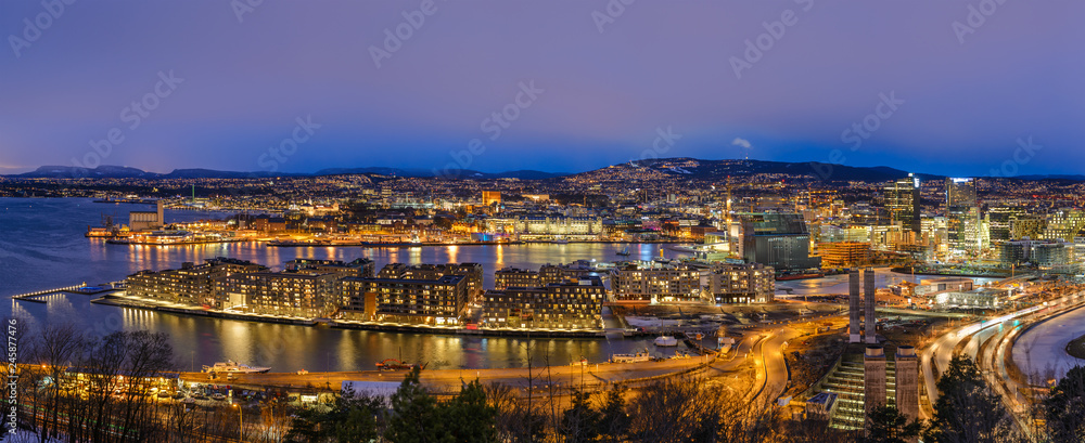 Fototapeta premium Oslo Norway Scandinavia, night aerial view panorama city skyline at business district and Bercode Project