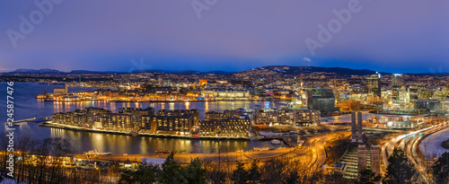 Oslo Norway Scandinavia, night aerial view panorama city skyline at business district and Bercode Project