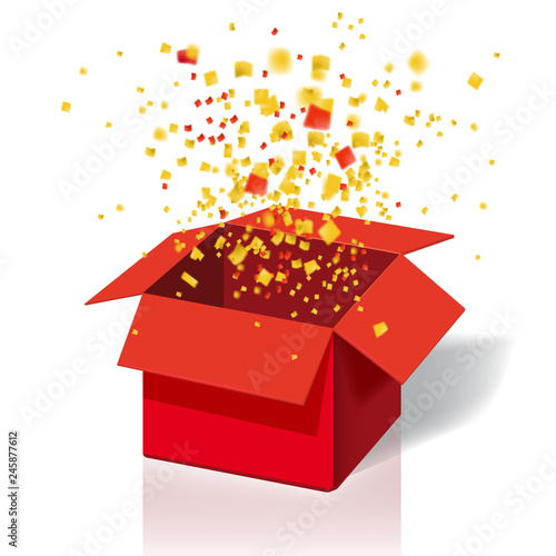 Box Exploision, Blast. Open Red Gift Box and Confetti. Enter to Win Prizes. Win, lottery, quiz. Vector Illustration. Isolated, Template photo