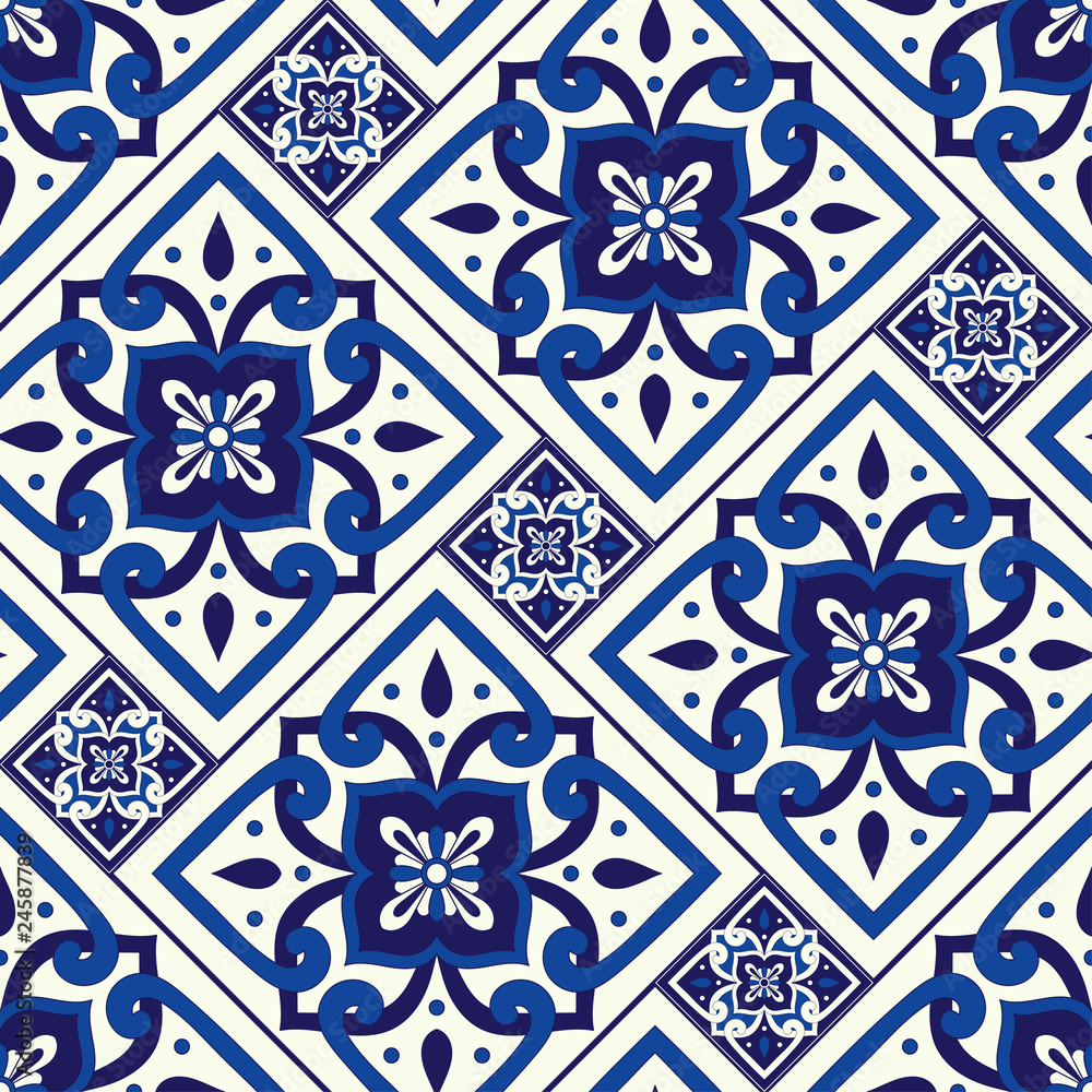 Portuguese tile pattern seamless vector with vintage motifs. Portugal