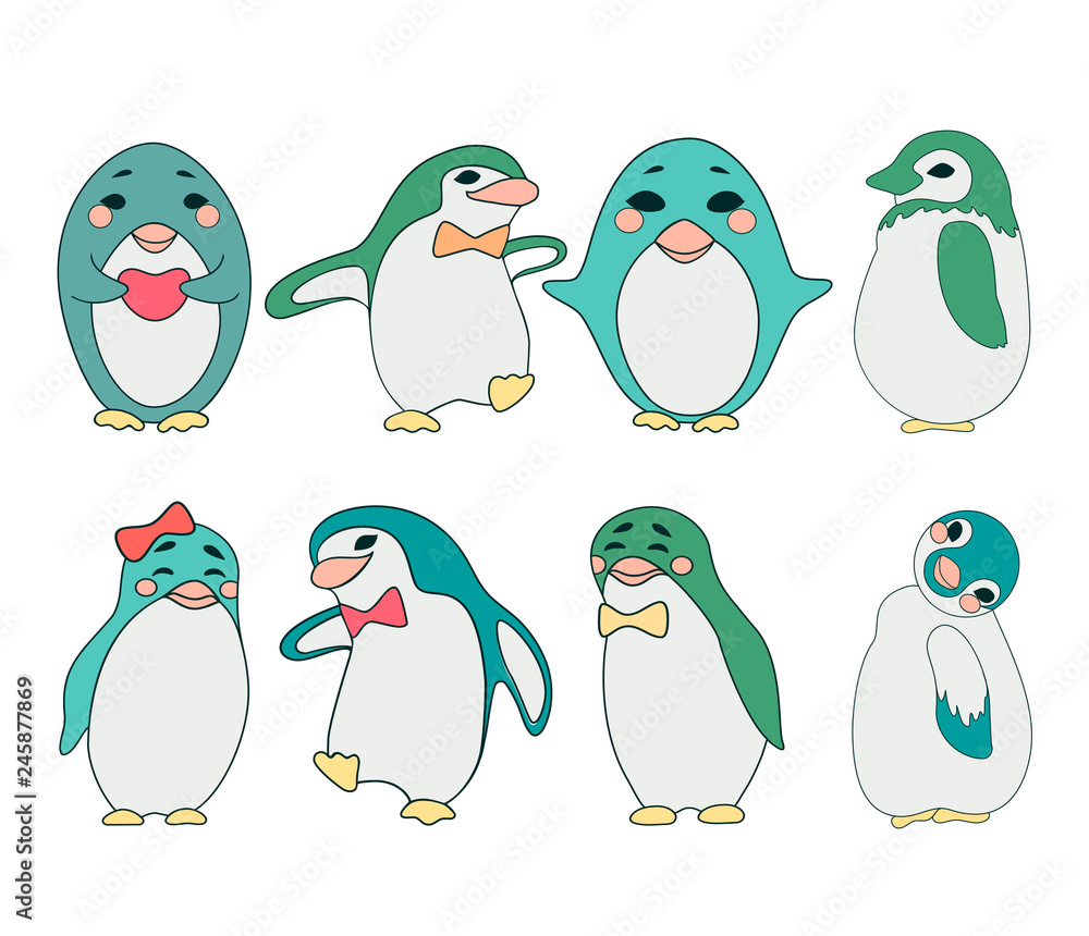Naklejka premium vector set penguin funny couple