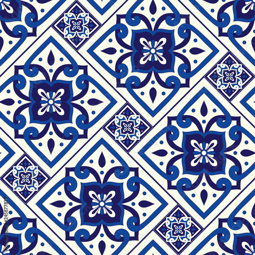 Portuguese tile pattern seamless vector with vintage motifs. Portugal azulejos, mexican talavera, italian sicily majolica, delft dutch, spanish ceramic. Mosaic texture for kitchen wall or bathroom.