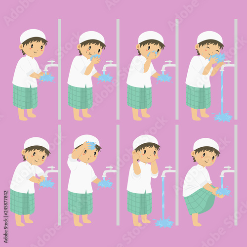 Muslim boy perform ablution steps, to clean self before prayer or shalat. Ablution steps for children vector collection