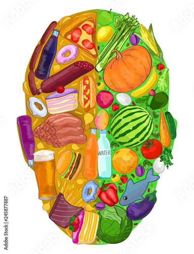 Human head food useful harmful diet food, vector