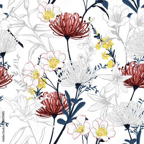 Summer botanical blooming garden flowers unfinished line drawing seamless pattern vector design for fashion,fabric,wallpaper,and all prints