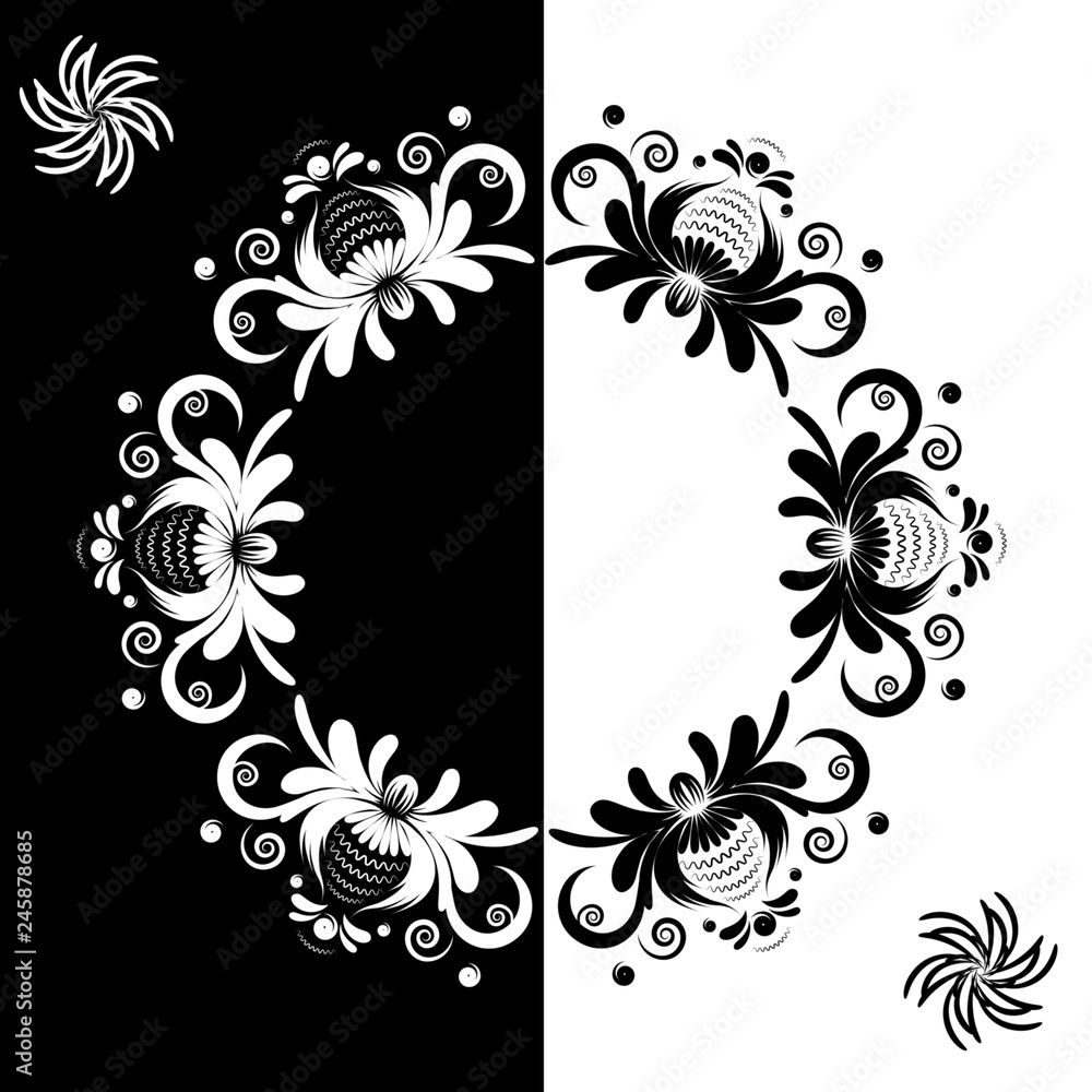 Vector round frame,Petryakovskaya folk painting in black and white, Flowers in folk style Vector round frame,Petryakovskaya folk painting in black and white, Flowers in folk style