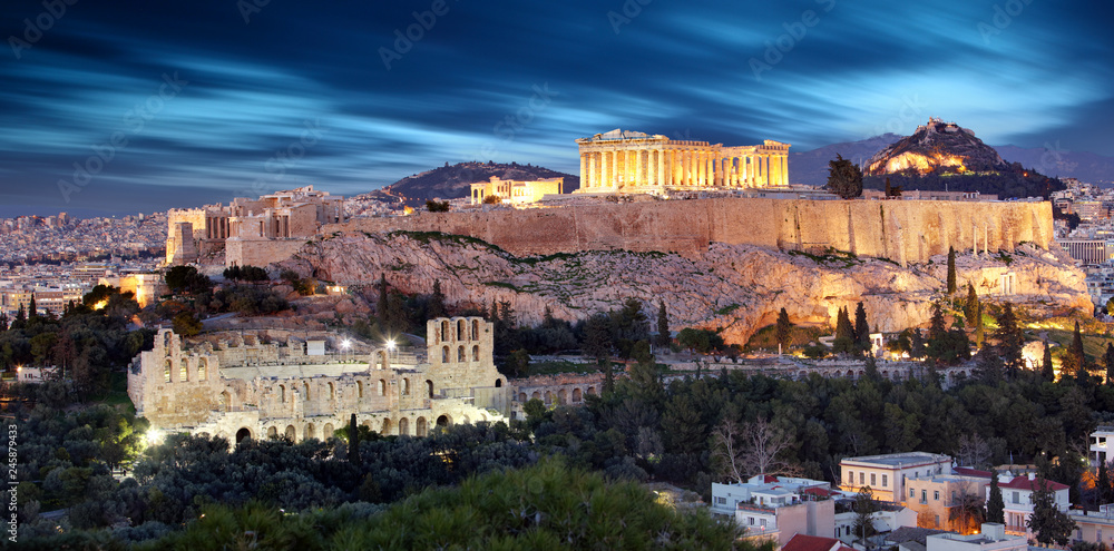 Parthenon of Athens at dusk time, Greece  - long exposure