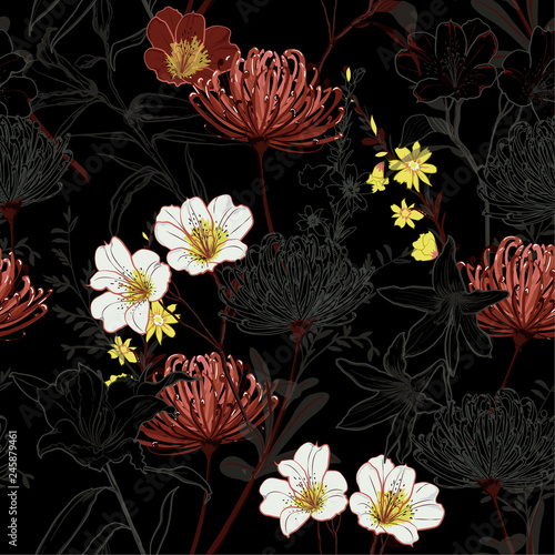 Dark botanical blooming garden flowers unfinished line drawing seamless pattern vector design for fashion,fabric,wallpaper,and all prints