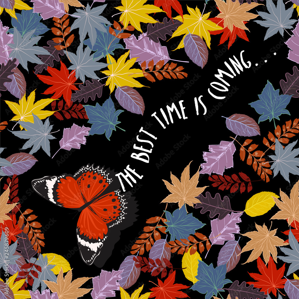 Butterfly flying through the Autumn winter leaves in the night seamless pattern vector design for card fashion,fabric,and all prints