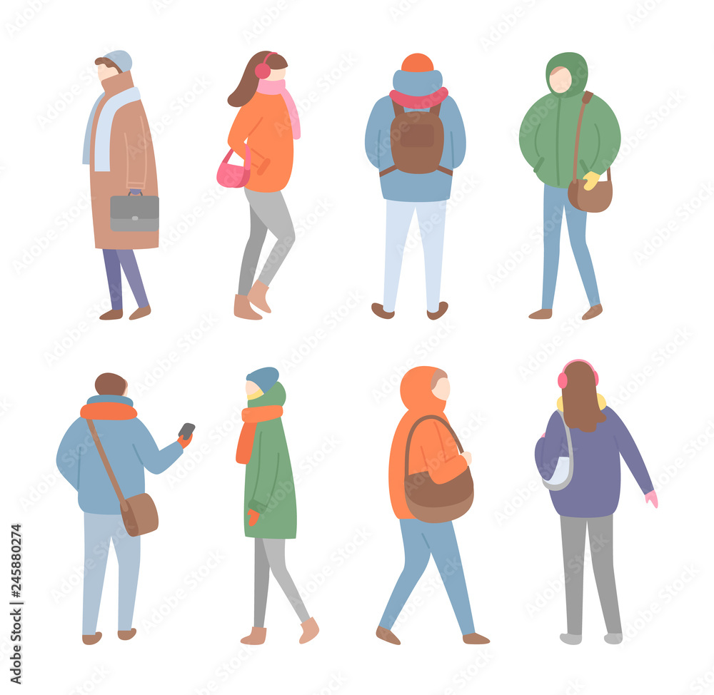 Set of people in jacket with scarf and hat holding bag in warm trousers and boots. Full length of people with back and side view isolated on white vector Set of people in jacket with scarf and hat holding bag in warm trousers and boots. Full length of people with back and side view isolated on white vector