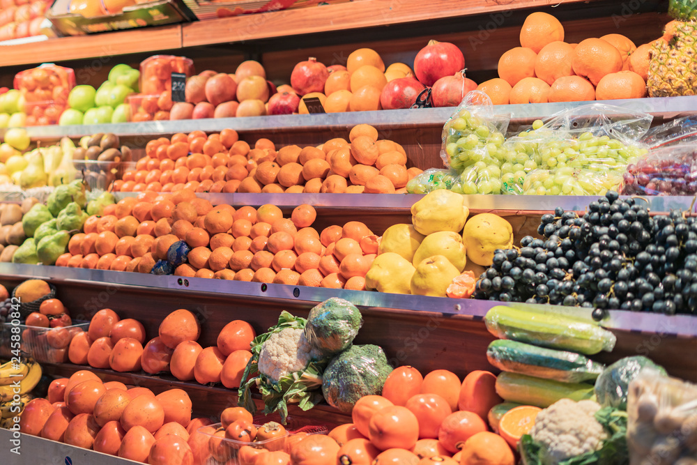 fresh organic fruits on the stall in public market b