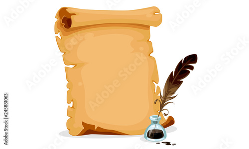 Old scroll paper with ink bottle and feather
