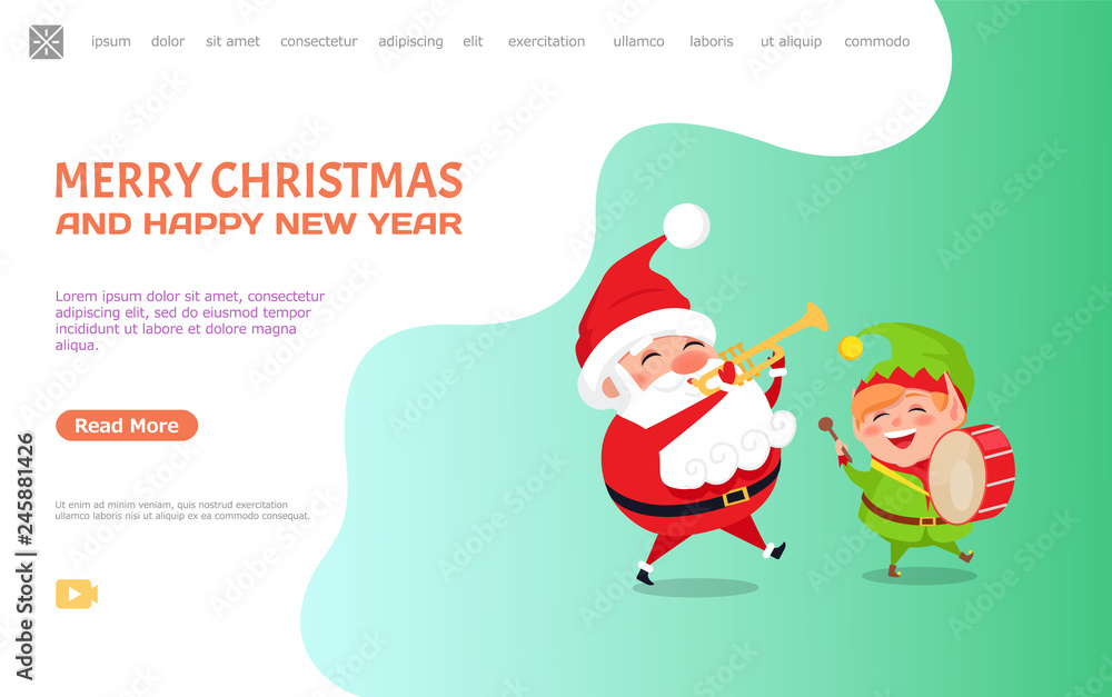 Merry Christmas and happy New Year, greeting card Santa Claus and Elf playing on musical instruments. Cartoon character Father frost and little helper Merry Christmas and happy New Year, greeting card Santa Claus and Elf playing on musical instruments. Cartoon character Father frost and little helper