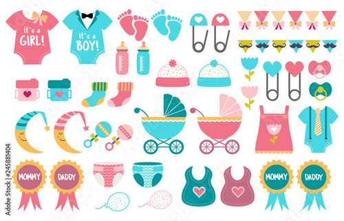 Baby shower icon vector set gender reveal party