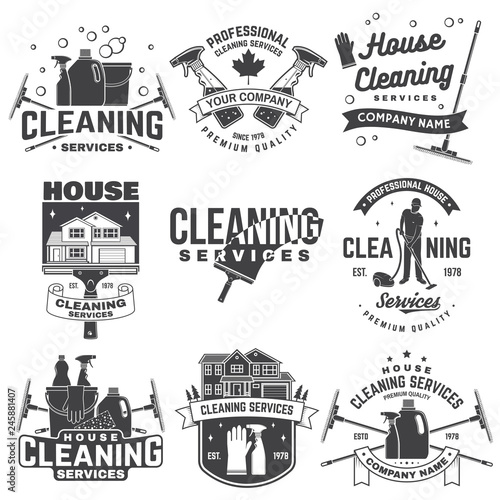 Cleaning company badge  emblem. Vector illustration. Concept for shirt  stamp or tee. Vintage typography design with cleaning equipments. Cleaning service sign for company related business