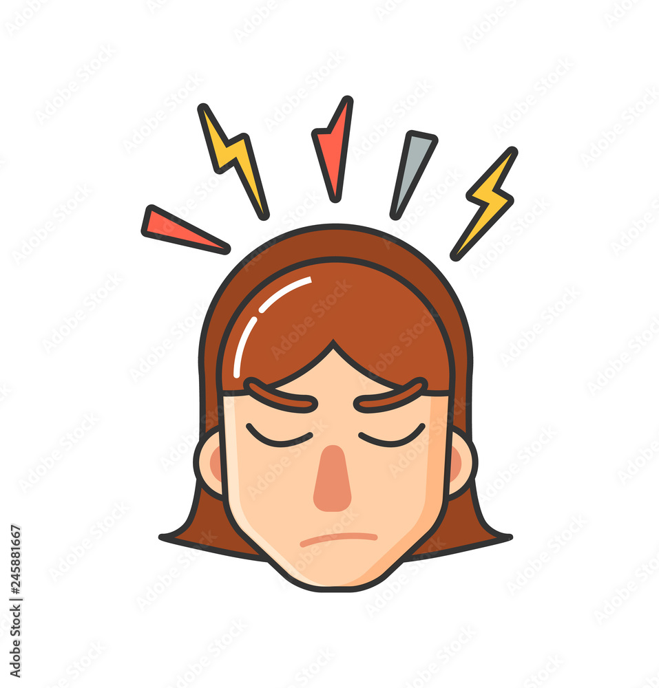 Teen girl with brown hair having headache. Young woman template image about feeling unwell. Colored image female face vector isolated with thunder over head Teen girl with brown hair having headache. Young woman template image about feeling unwell. Colored image female face vector isolated with thunder over head