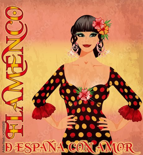 Flamenco Spain love girl, vintage card with spanish flag colors, vector illustration