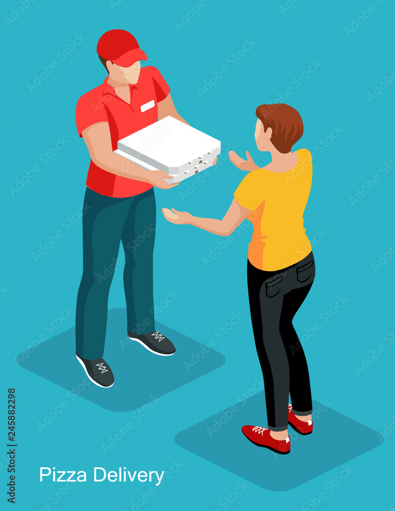 Courier  wearing a red T-shirt and a cap deliver pizza to the woman customer. Pizza order to door service concept. Isometric vector illustration