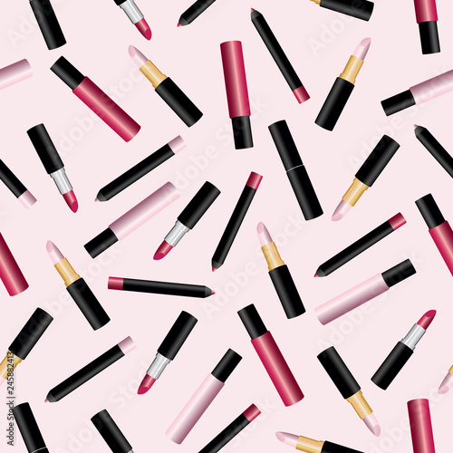 Seamless pattern with realistic 3d lipstick, lip pencil and lipgloss on pink background. Vector illustration