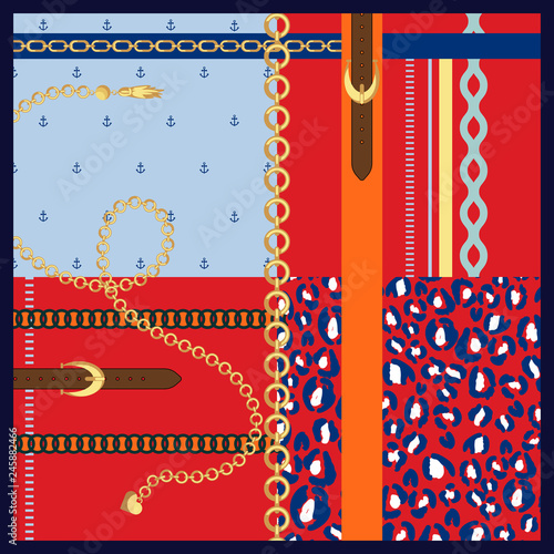 Silk scarf gold chains and belts fashion design vector. Fabric shawl patches template with leopard and anchors elements. Blue and red colors.