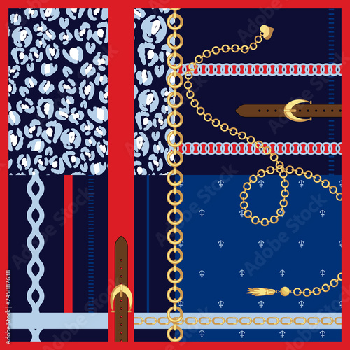 Silk scarf gold chains and belts fashion design vector. Fabric shawl patches template with blue leopard and anchors elements.
