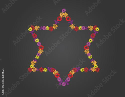 Star of David shape from Hand drawn flowers on Black background