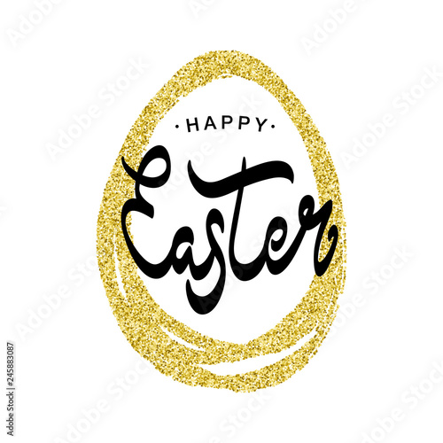 Happy Easter black typographic calligraphic lettering with golden glitter paschal egg frame on white background. Gold retro holiday easter badge. Religious holiday sign. 