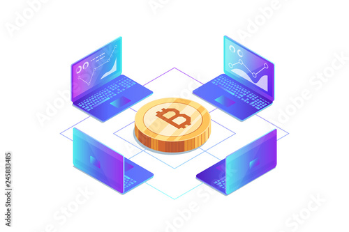 Isometric concept of mining bitcoin using laptop.