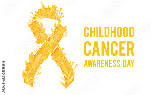 Background with stylized yellow ribbon. World childhood cancer awareness symbol, vector illustration.