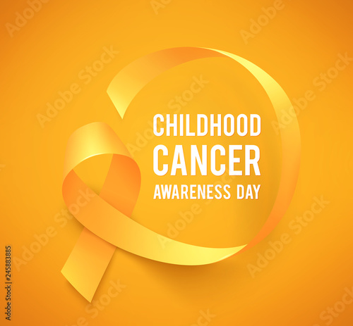 Background with realistic yellow ribbon. World childhood cancer awareness symbol, vector illustration.