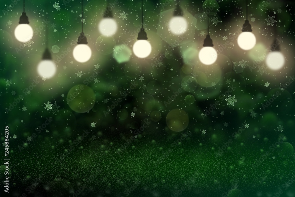 fantastic shining glitter lights defocused bokeh abstract background with light bulbs and falling snow flakes fly, holiday mockup texture with blank space for your content