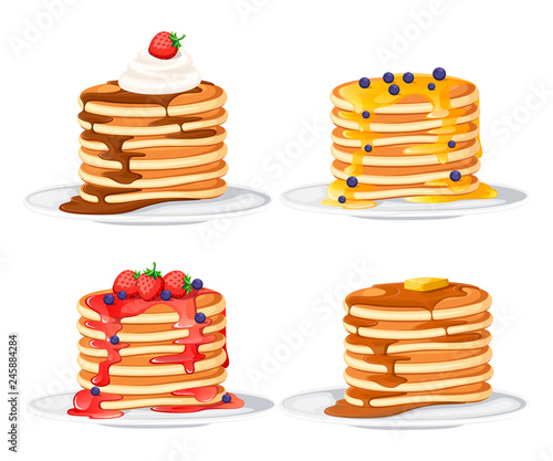 Set of four pancakes with different toppings. Pancakes on white plate. Baking with syrup or honey. Breakfast concept. Flat vector illustration isolated on white background photo