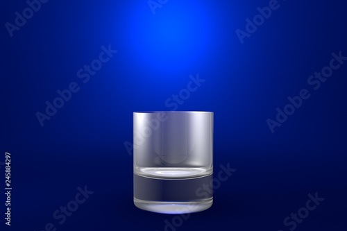3D illustration of old fashioned whiskey glass on blue vivid background - drinking glass render