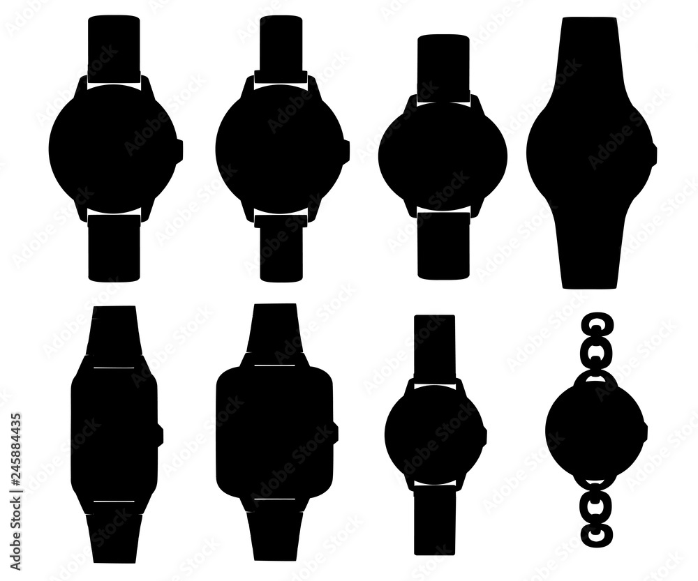Black silhouettes. Set of different style and color wrist watches. Man and women watches collection. Flat vector illustratiuon isolated on white background Black silhouettes. Set of different style and color wrist watches. Man and women watches collection. Flat vector illustratiuon isolated on white background