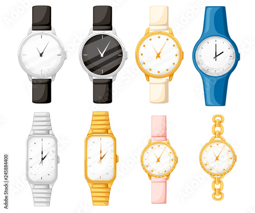 Set of different style and color wrist watches. Man and women watches collection. Flat vector illustration isolated on white background