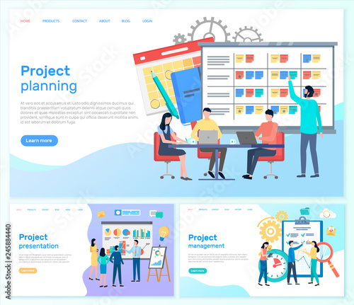 Project planning and presentation with management business network icon, team workers discussing strategy with laptop near table. Set of web screens vector