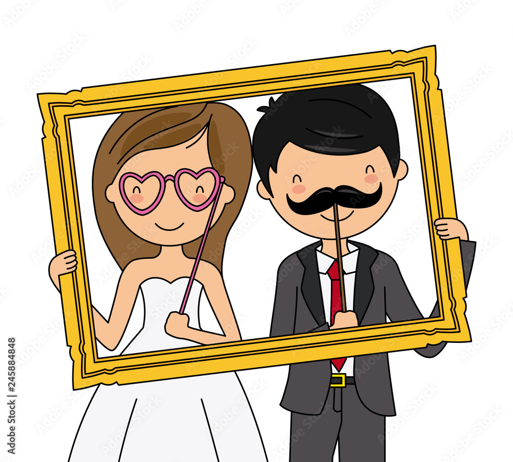 funny wedding card. Wedding couple with a photocall frame Stock Vector |  Adobe Stock