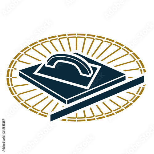 Plaster services - vector icon. Tool grout lines on a rectangular surface against the background of the rays in the oval border
