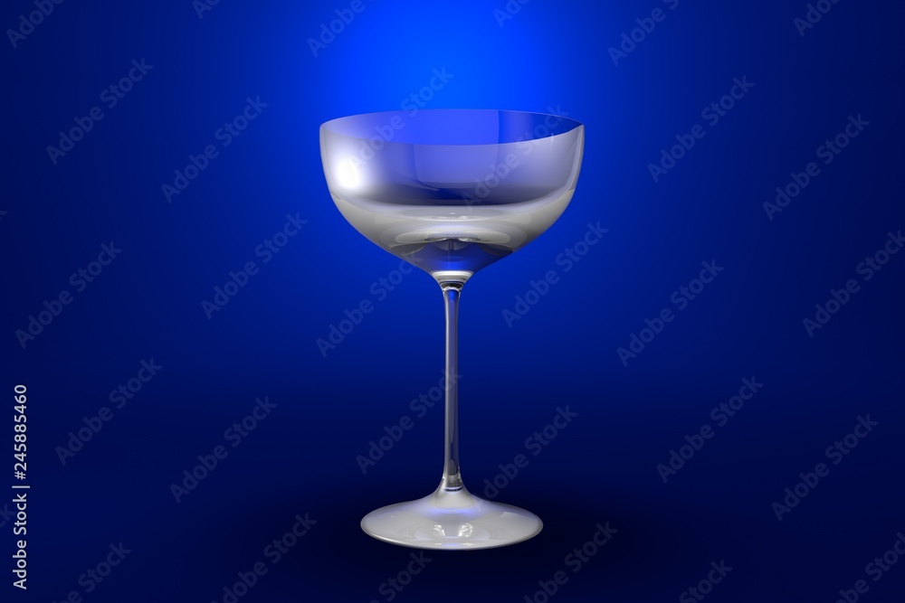 3D illustration of coupe sparkling wine glass on blue vivid background - drinking glass render 3D illustration of coupe sparkling wine glass on blue vivid background - drinking glass render