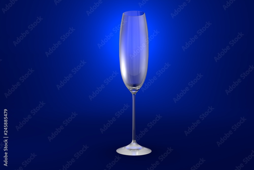 Obraz premium 3D illustration of flute champagne glass on blue vivid background - drinking glass render