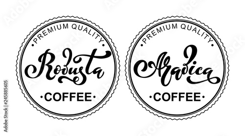 Arabica and robusta coffee logo. Vector illustration of handwritten lettering. Vector elements for packaging, coffee labels, market, cafe design, restaurant menu and store.
