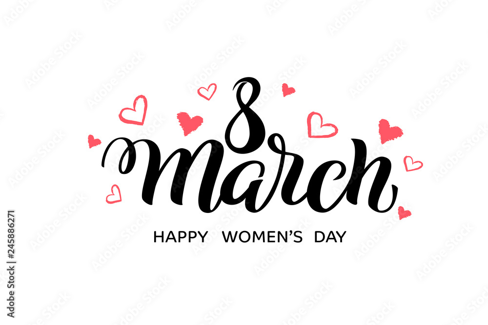 Hand drawn calligraphy 8 March for International Women's Day. Brush lettering, quote 8 March Happy Women's Day. For holiday greeting card, spring poster, celebration banner, logo, sales, promo.