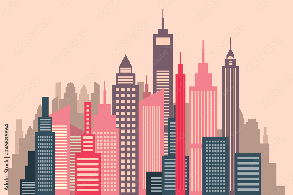 Skyscrapers Vector Flat Design City Panorama Illustration