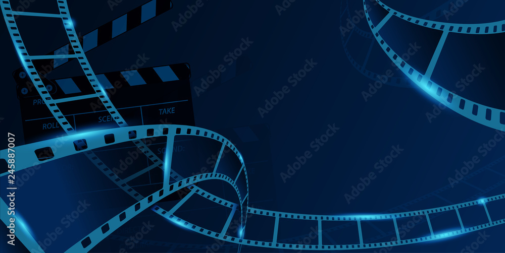 Different film strip frame with clapperboard isolated on blue background. Design template cinema festival banner, brochure, flyer, poster, tickets, leaflet. Vector illustration in 3d isometric style