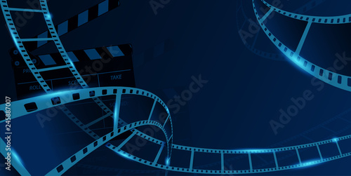 Different film strip frame with clapperboard isolated on blue background. Design template cinema festival banner, brochure, flyer, poster, tickets, leaflet. Vector illustration in 3d isometric style