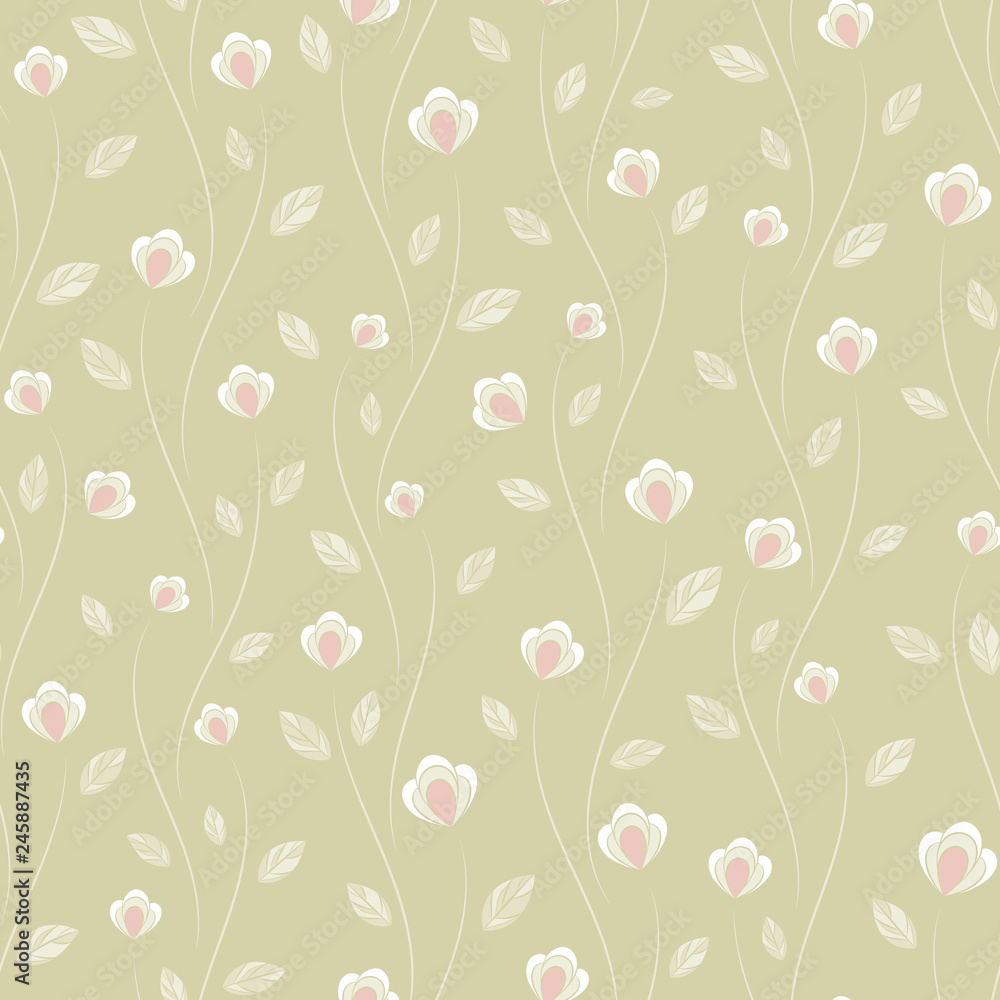 Seamless vector floral pattern with abstract flowers in light beige colors. Simple background in retro style